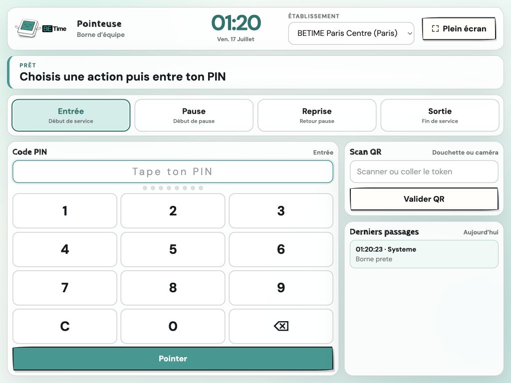 Interface de pointage BETIME affichée sur une tablette