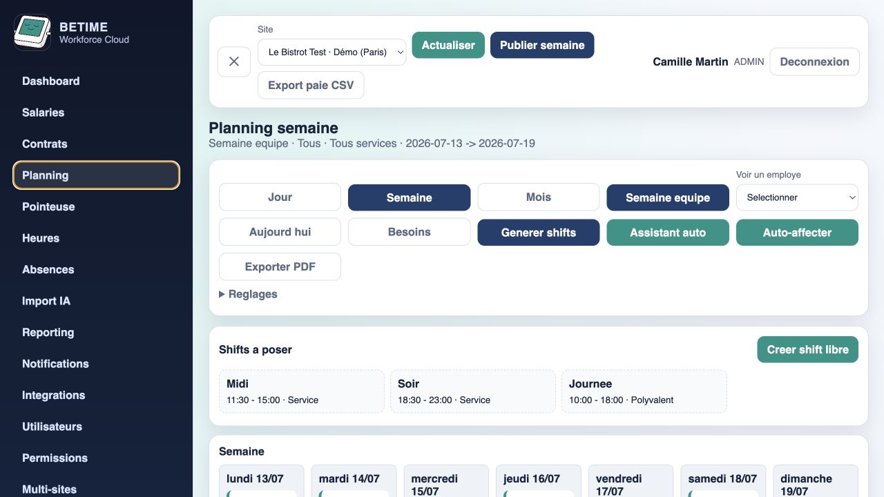Planning hebdomadaire réel dans l’application BETIME